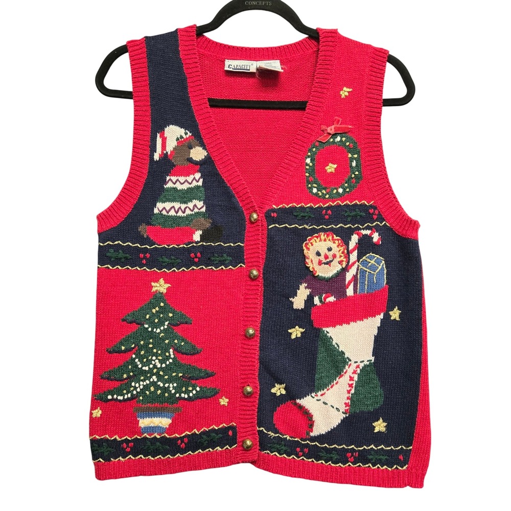 Vintage Christmas Sweater Vest Ugly Holiday Tree Bear Stocking L Red Blue